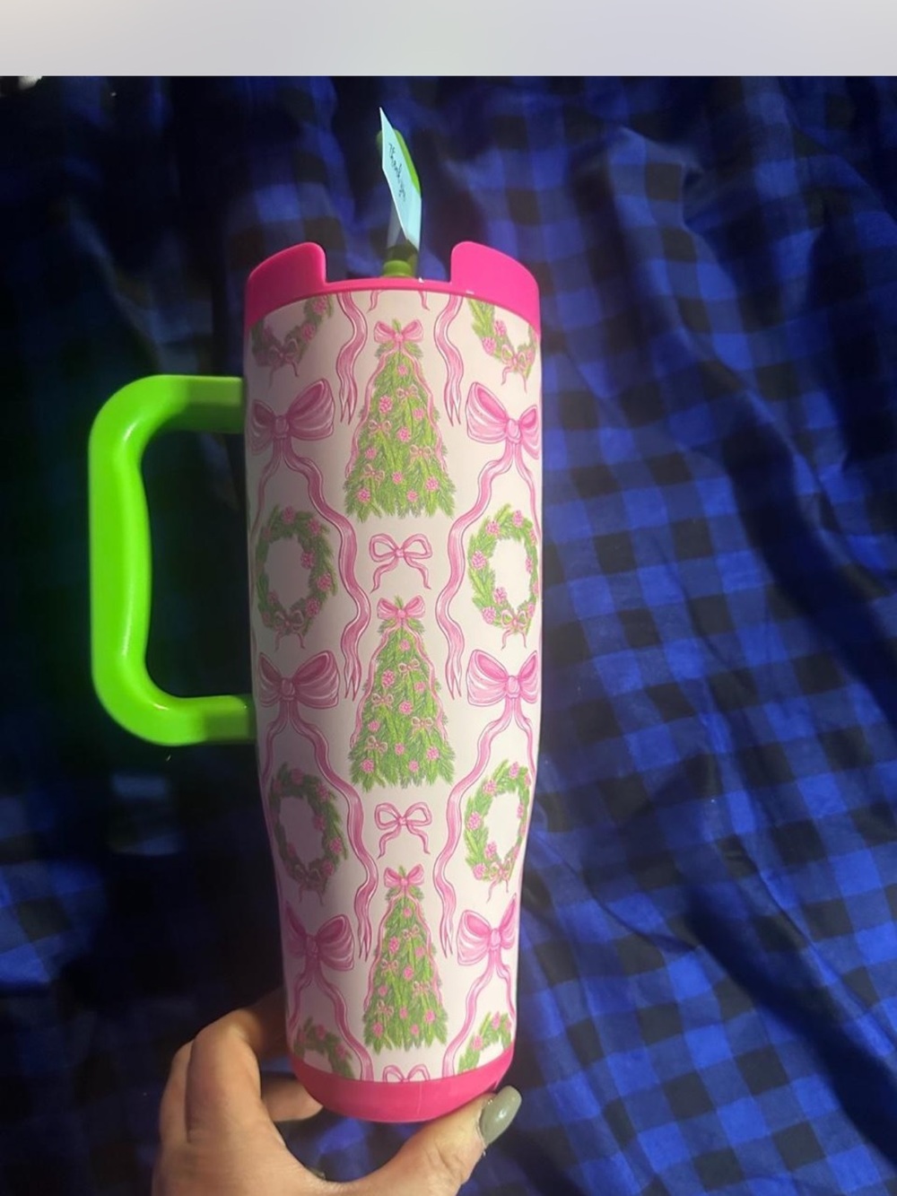 Simply Southern Pink & Lime Green Holiday Tree & Wreath Travel Tumbler